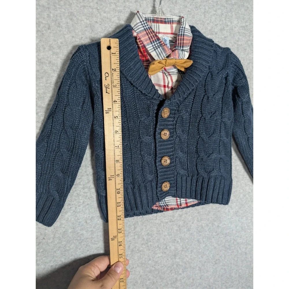 Little Lad Boys 12M Navy Cable Knit Cardigan Plaid Shirt Bow Tie‎ Preppy Dressy